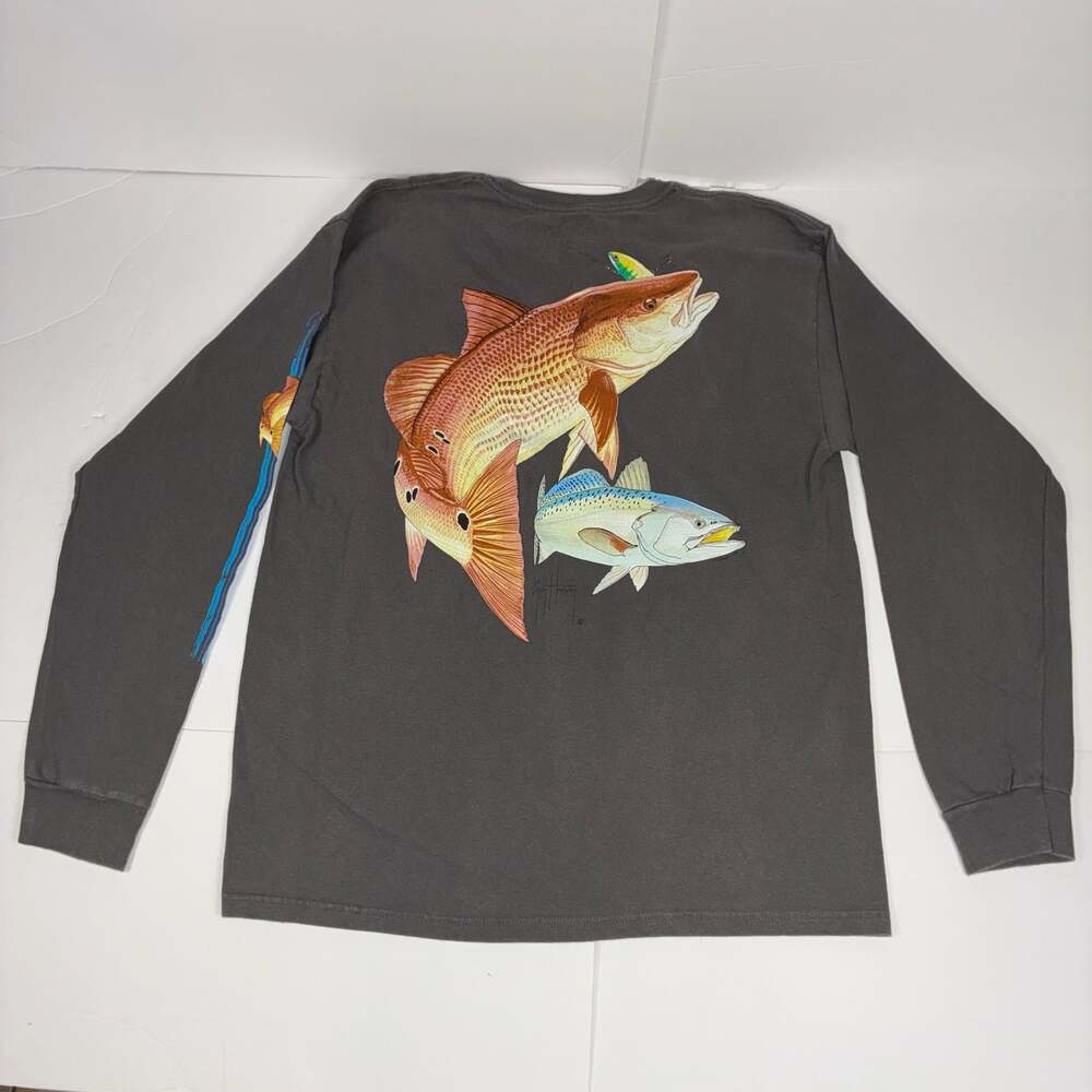 Guy Harvey Men Long Sleeve Pocket T-Shirt Size Large Gray Fishing Graphic